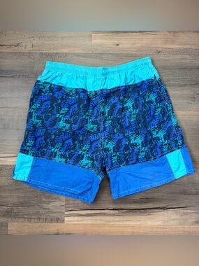 Vintage Drummer Boy Blue/Teal Graphic Print/Color Block Swim Shorts Size XL